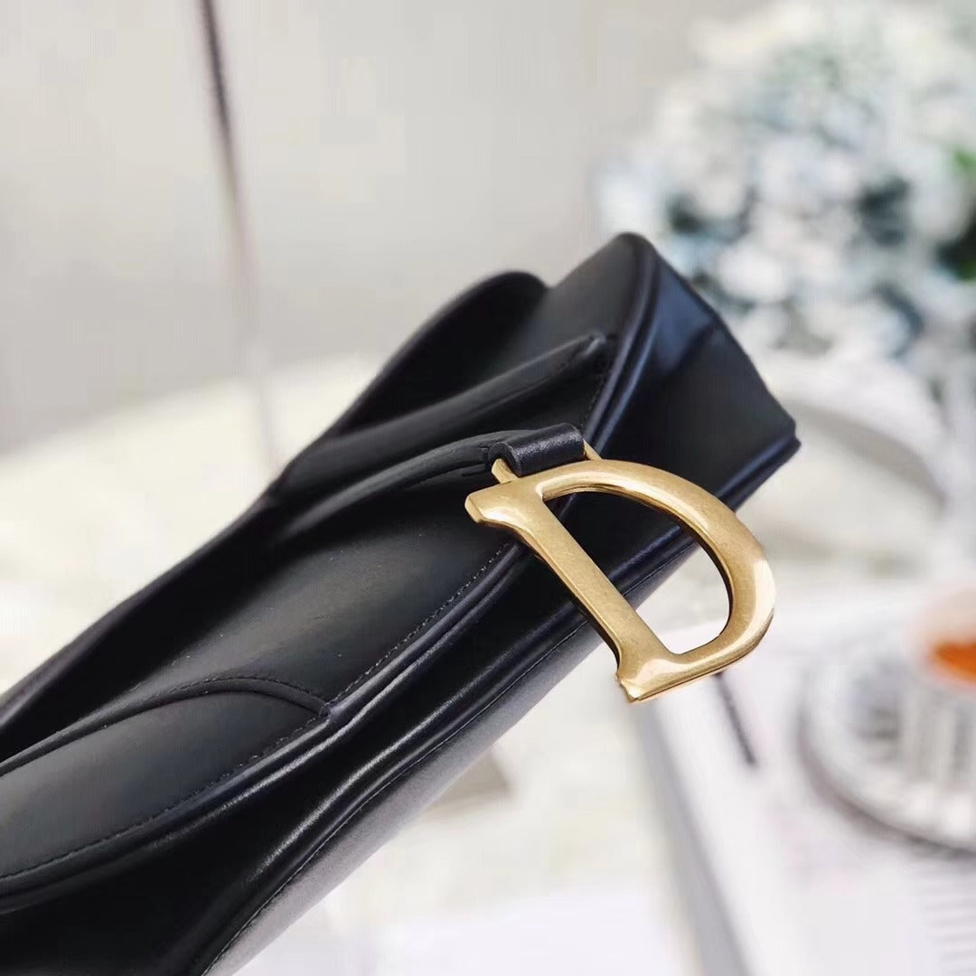 BD- Vintage Black Leather Saddle Bag With Gold Ornaments