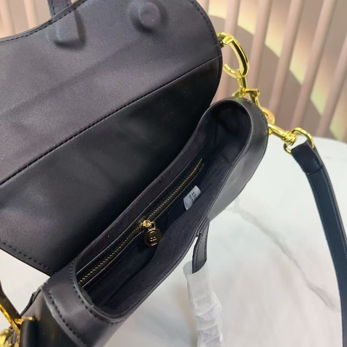 BD- Vintage Black Leather Saddle Bag With Gold Ornaments