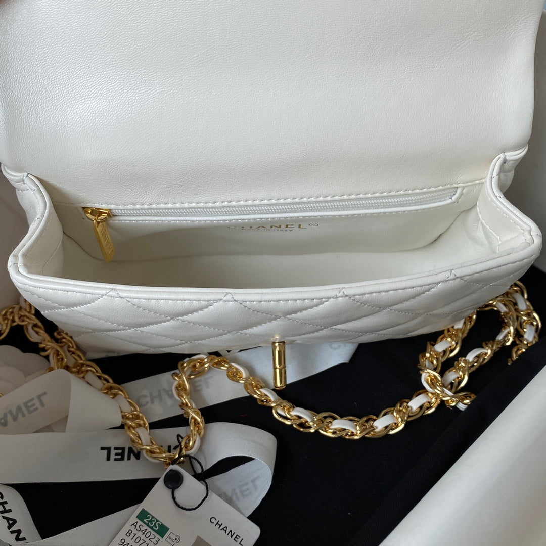 BC- Flap Bag Gold Top Handle White - 13X21X8cm