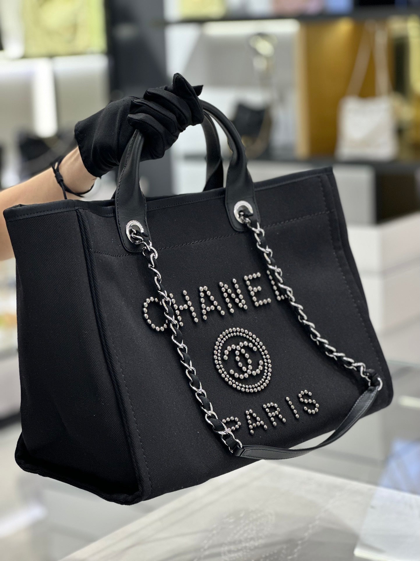 BC- Natural Canvas and Black Leather Large Pearl  Tote - 30x39x22cm