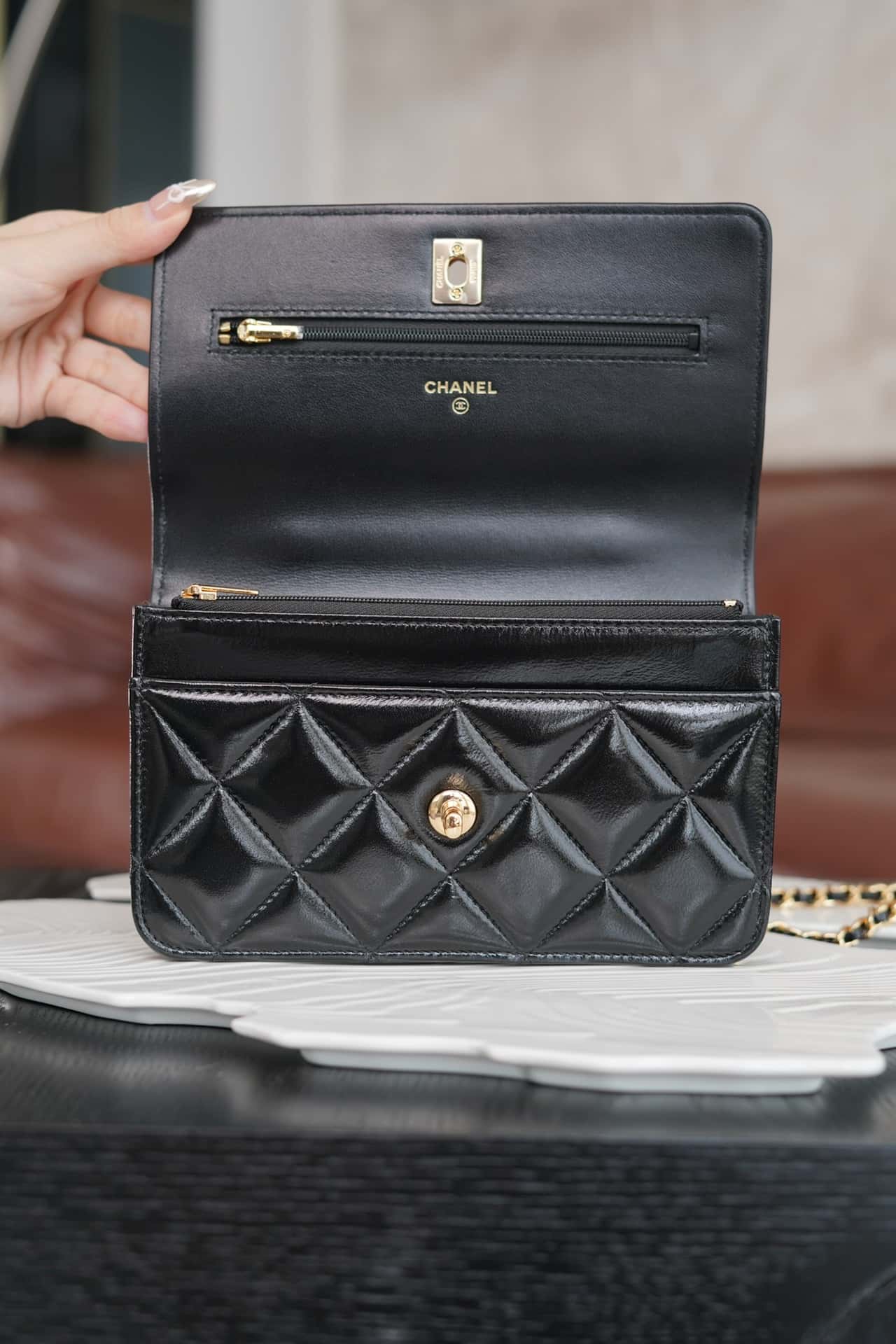 BC- 24B  Top Handle in Black Shiny Lambskin