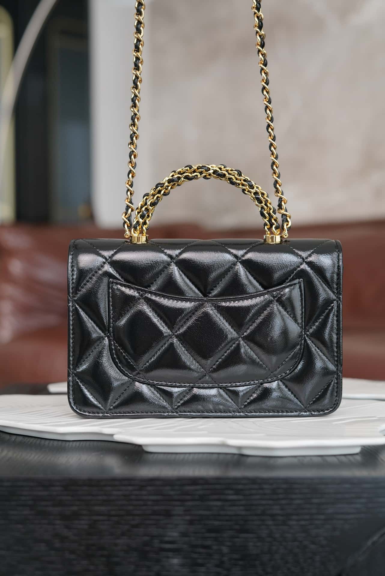 BC- 24B  Top Handle in Black Shiny Lambskin