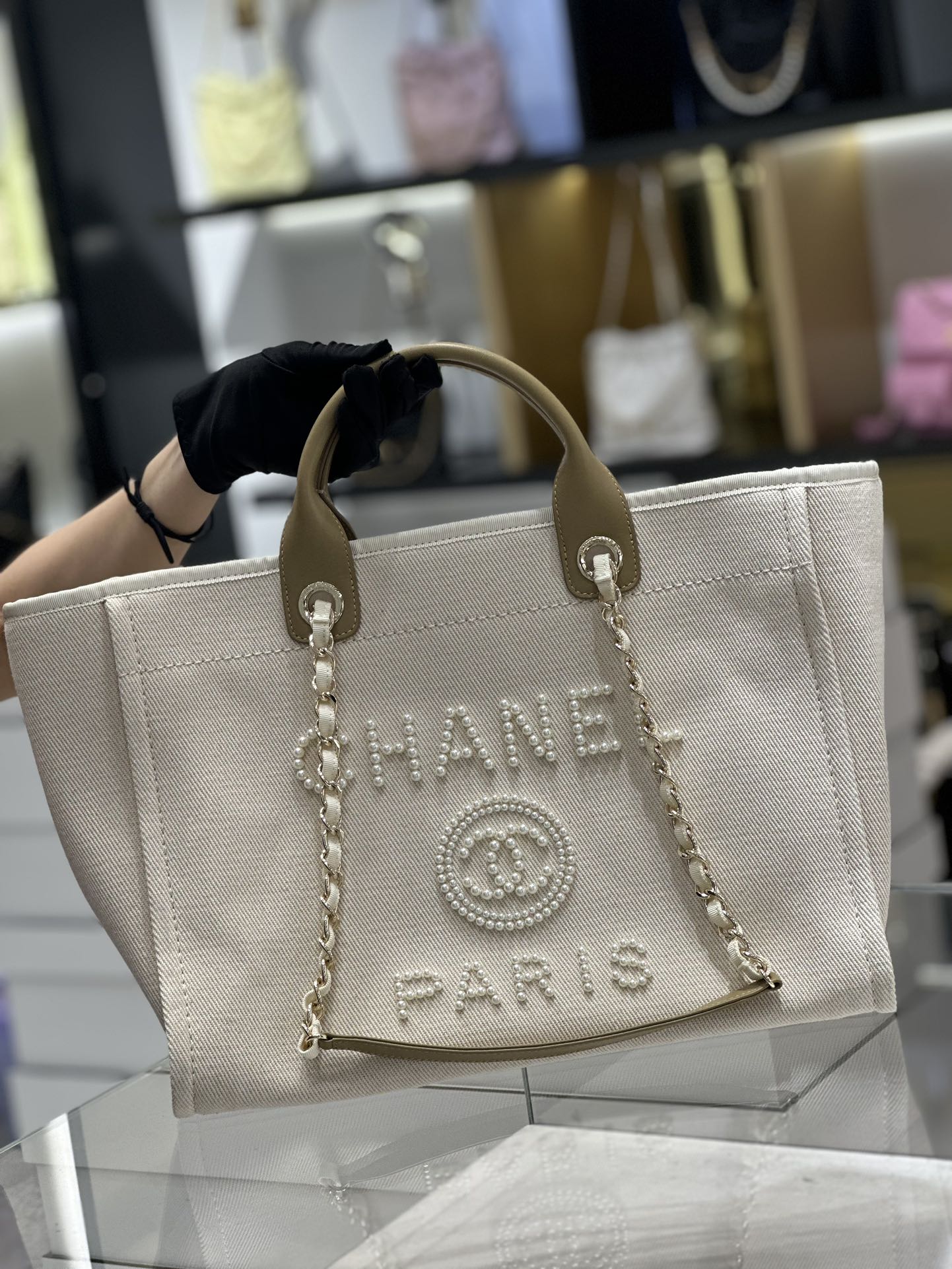 BC- Natural Canvas and Tan Leather Large Pearl  Tote - 30x39x22cm