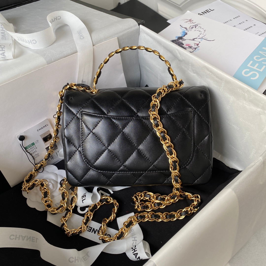 BC- Flap Bag Gold Top Handle Black - 13X21X8cm