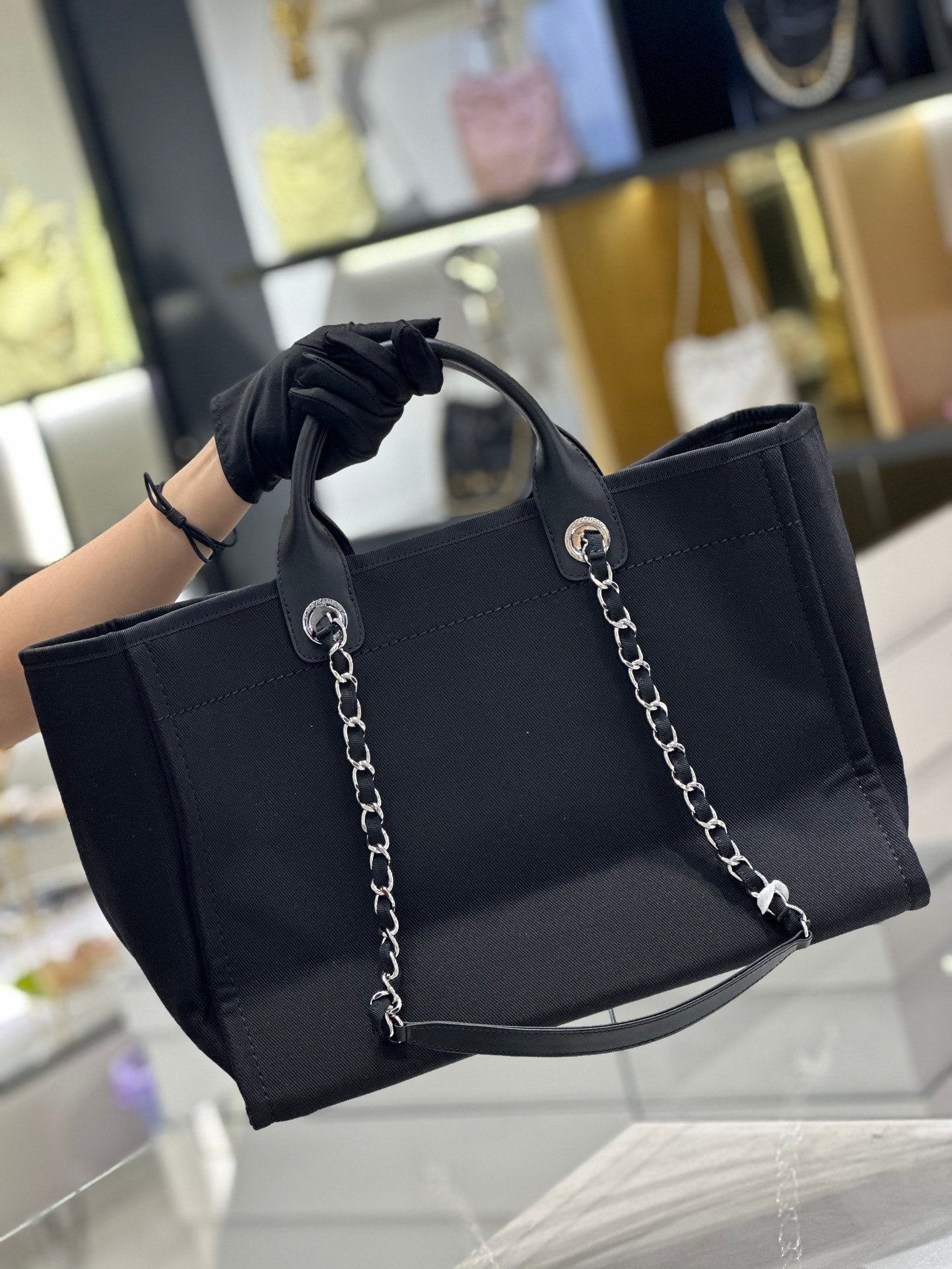 BC- Natural Canvas and Black Leather Large Pearl  Tote - 30x39x22cm