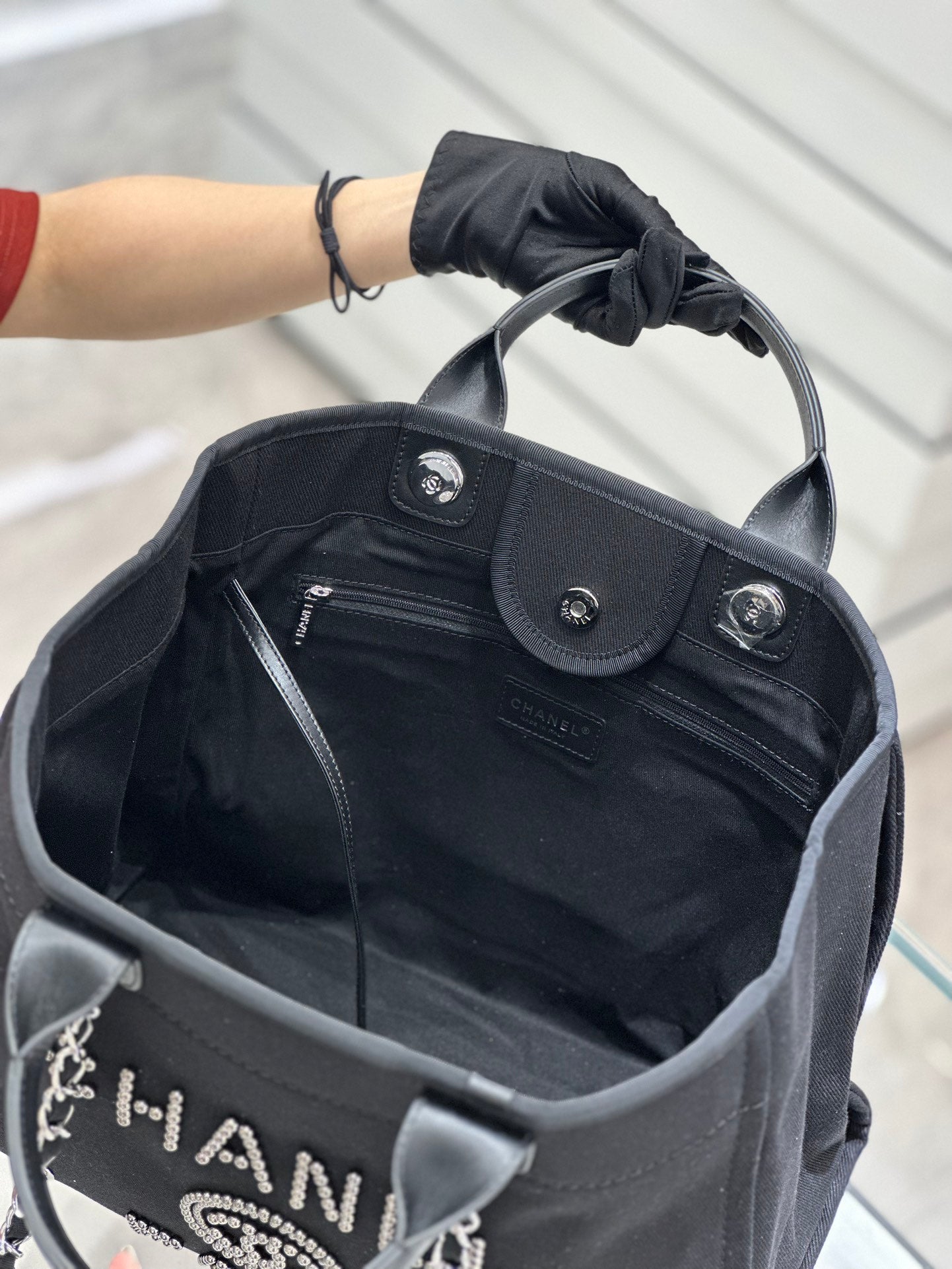 BC- Natural Canvas and Black Leather Large Pearl  Tote - 30x39x22cm