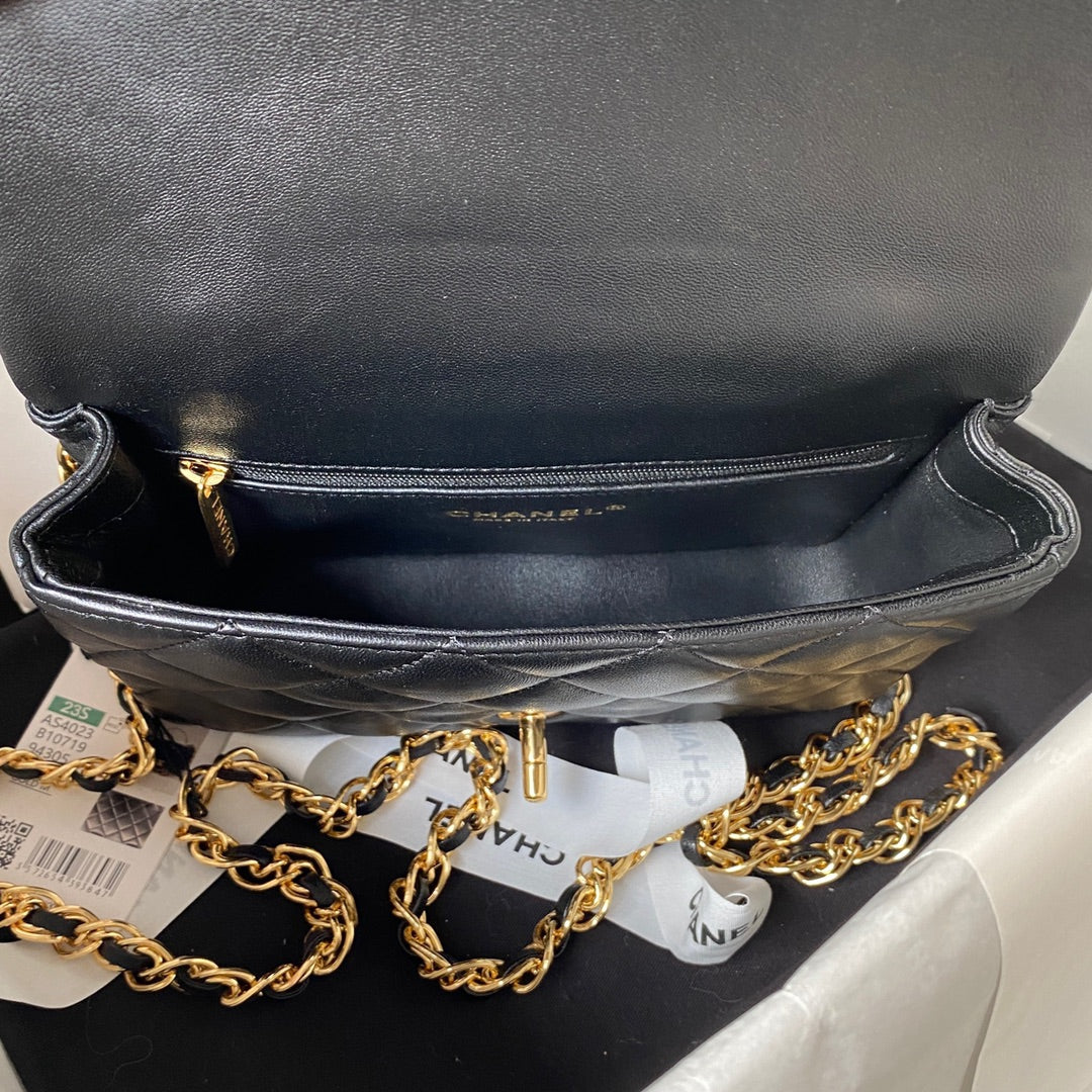 BC- Flap Bag Gold Top Handle Black - 13X21X8cm