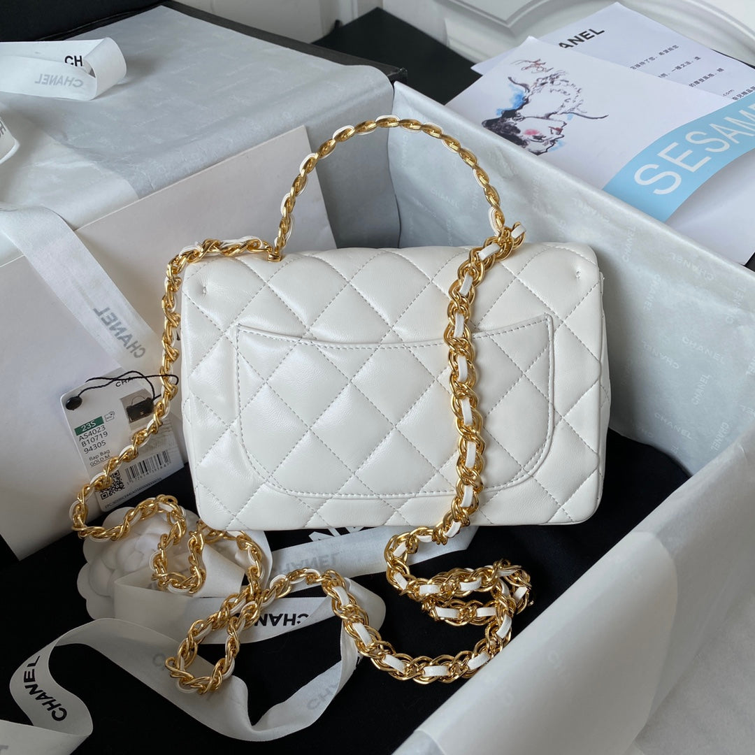 BC- Flap Bag Gold Top Handle White - 13X21X8cm