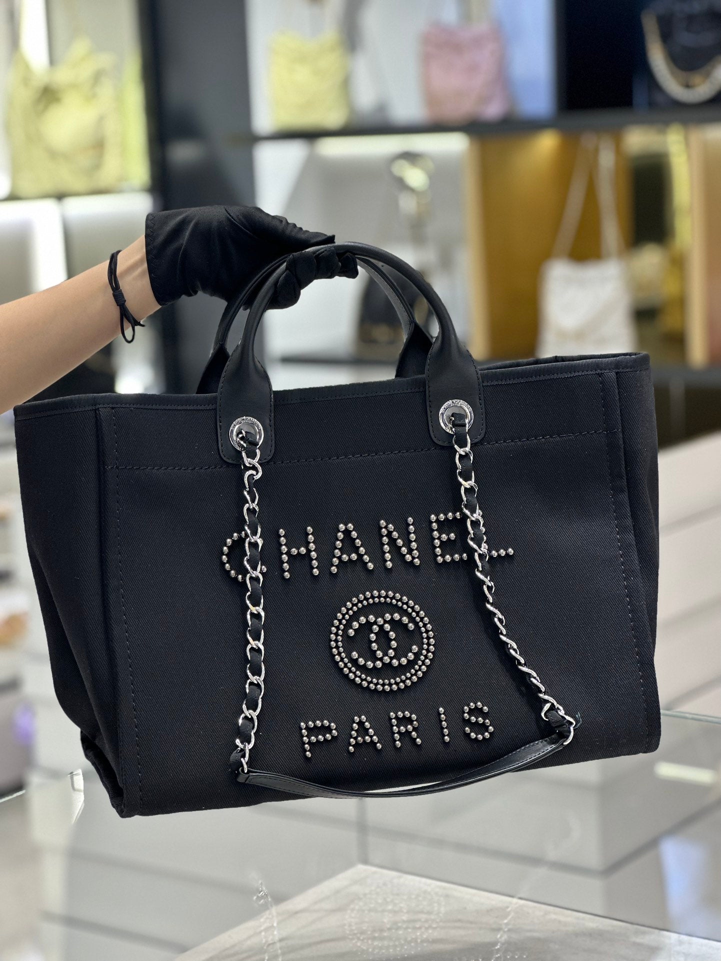 BC- Natural Canvas and Black Leather Large Pearl  Tote - 30x39x22cm