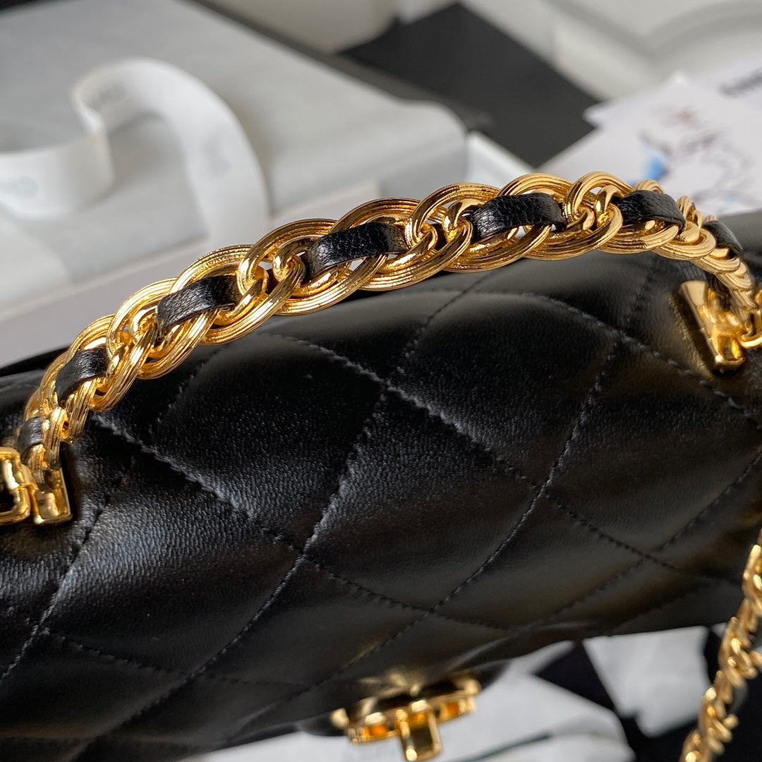 BC- Flap Bag Gold Top Handle Black - 13X21X8cm