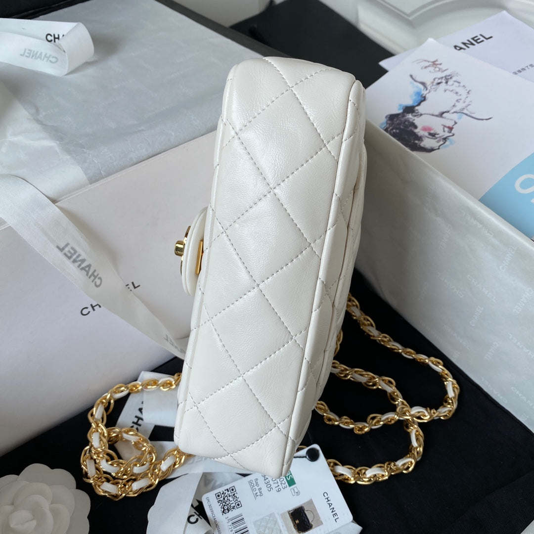 BC- Flap Bag Gold Top Handle White - 13X21X8cm