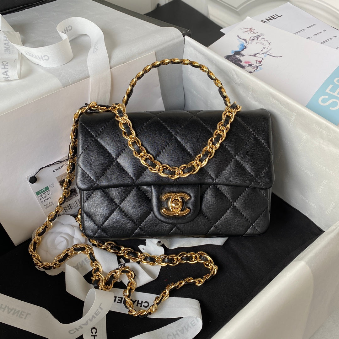BC- Flap Bag Gold Top Handle Black - 13X21X8cm