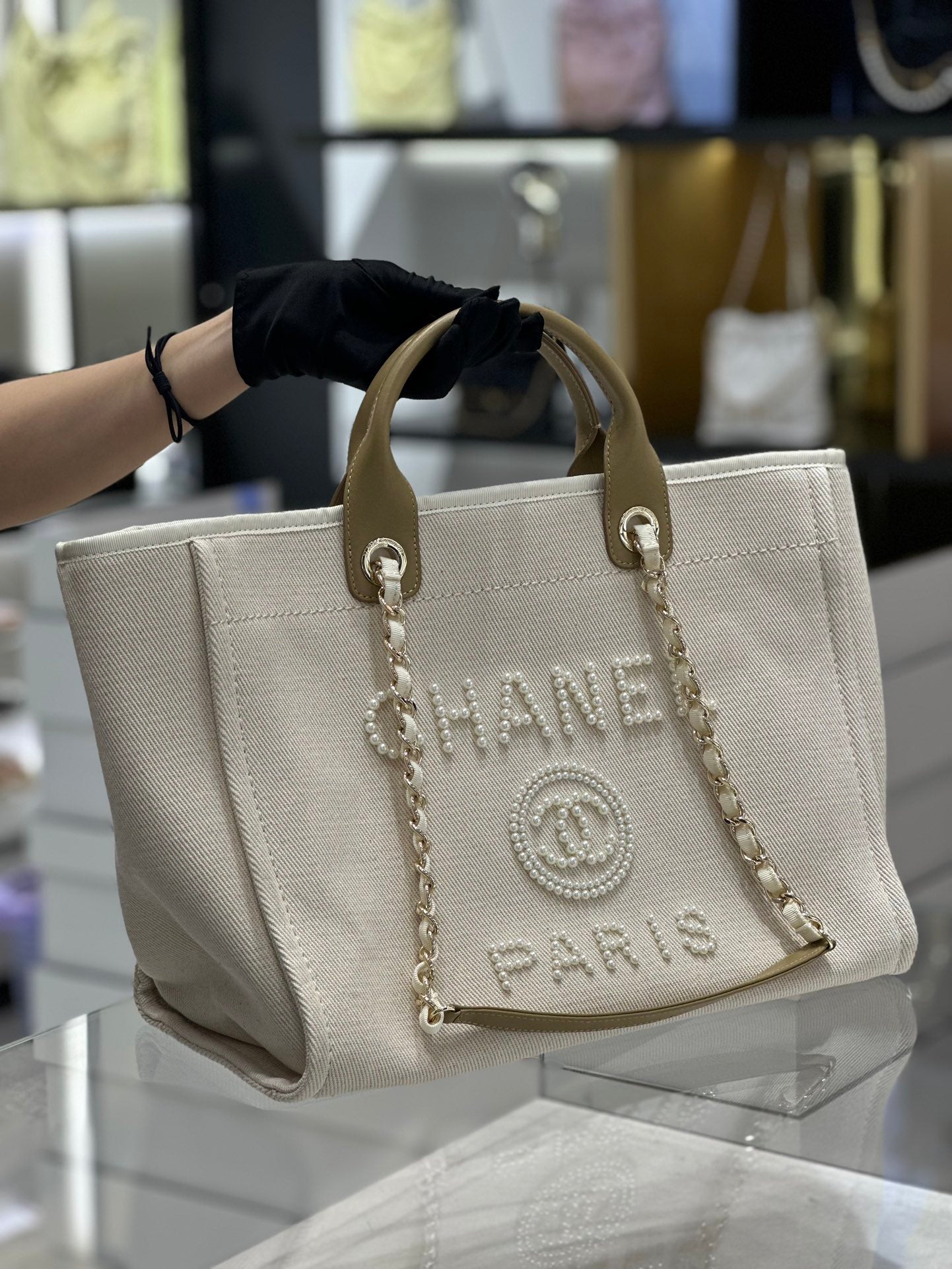 BC- Natural Canvas and Tan Leather Large Pearl  Tote - 30x39x22cm