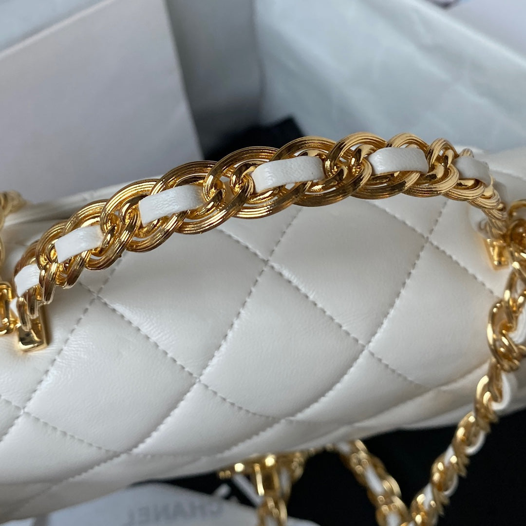 BC- Flap Bag Gold Top Handle White - 13X21X8cm