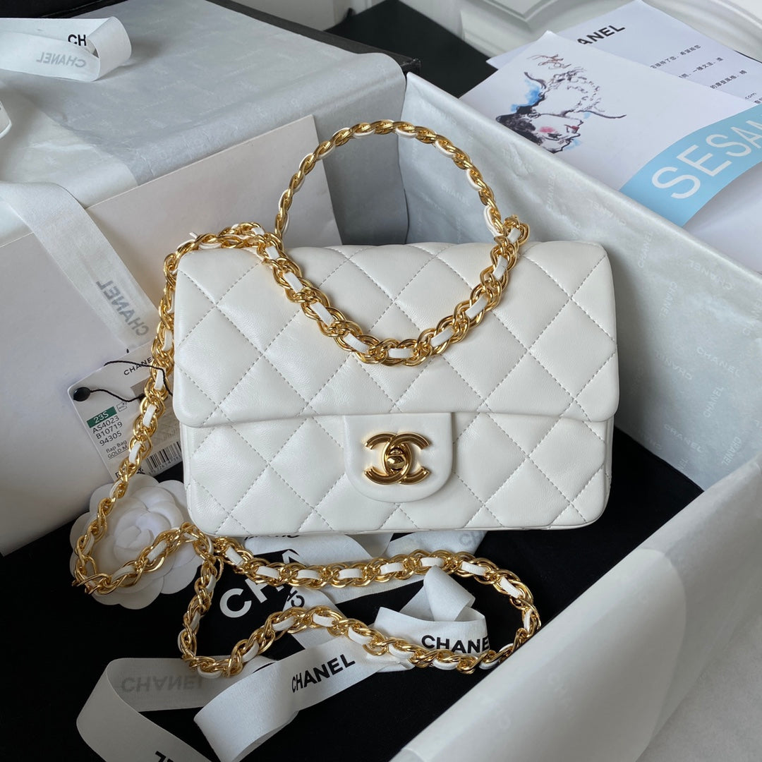BC- Flap Bag Gold Top Handle White - 13X21X8cm