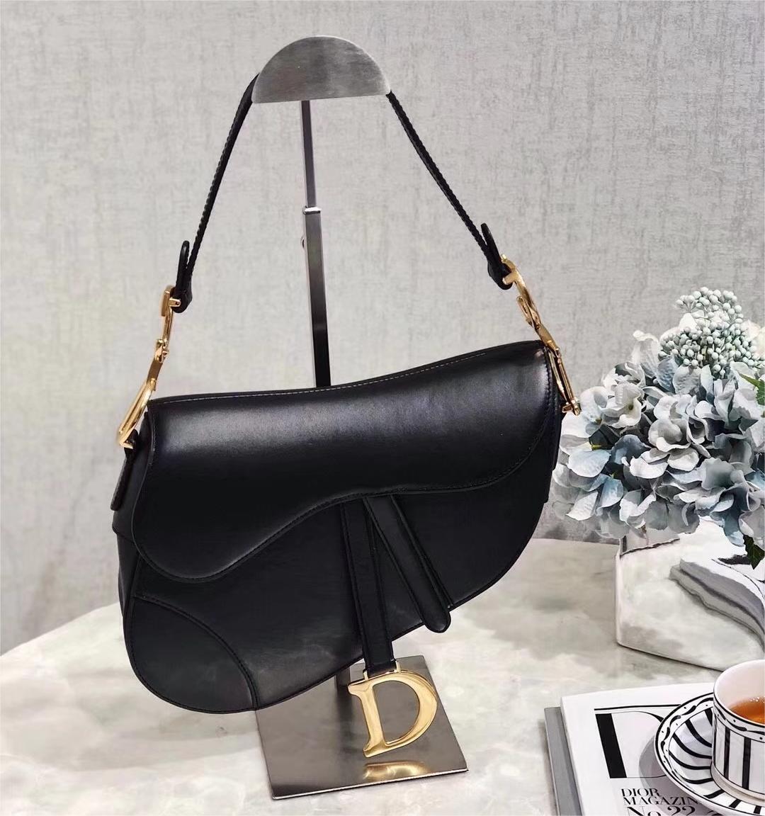 BD- Vintage Black Leather Saddle Bag With Gold Ornaments