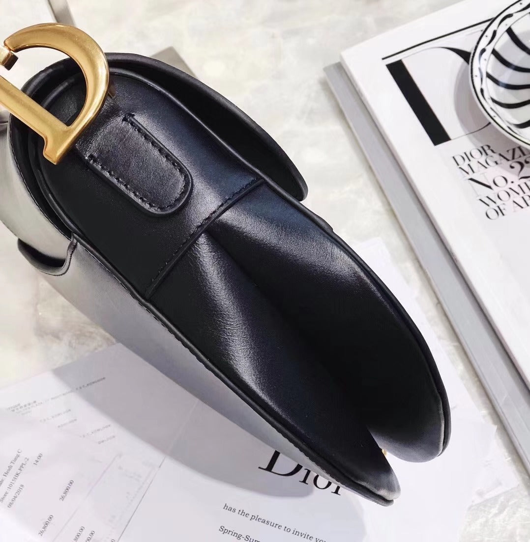 BD- Vintage Black Leather Saddle Bag With Gold Ornaments