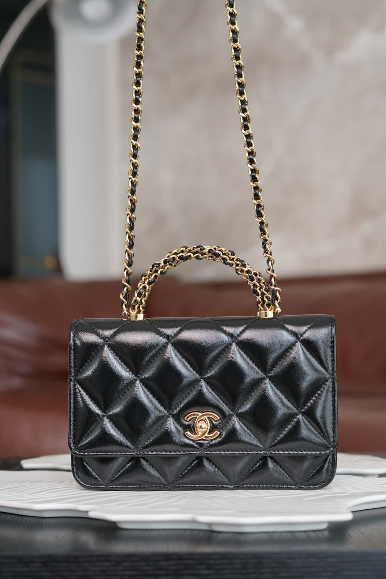 BC- 24B  Top Handle in Black Shiny Lambskin