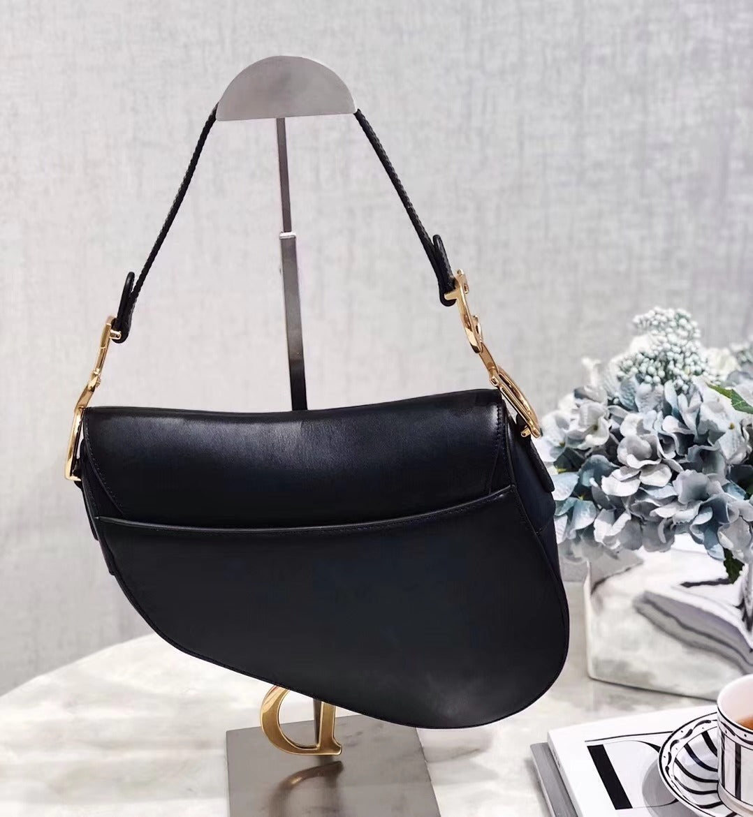 BD- Vintage Black Leather Saddle Bag With Gold Ornaments